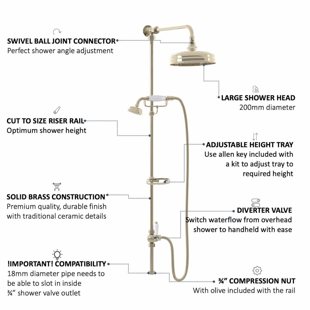 Downton traditional shower riser rail kit 2 outlet soap dish watercan head 200mm - gold