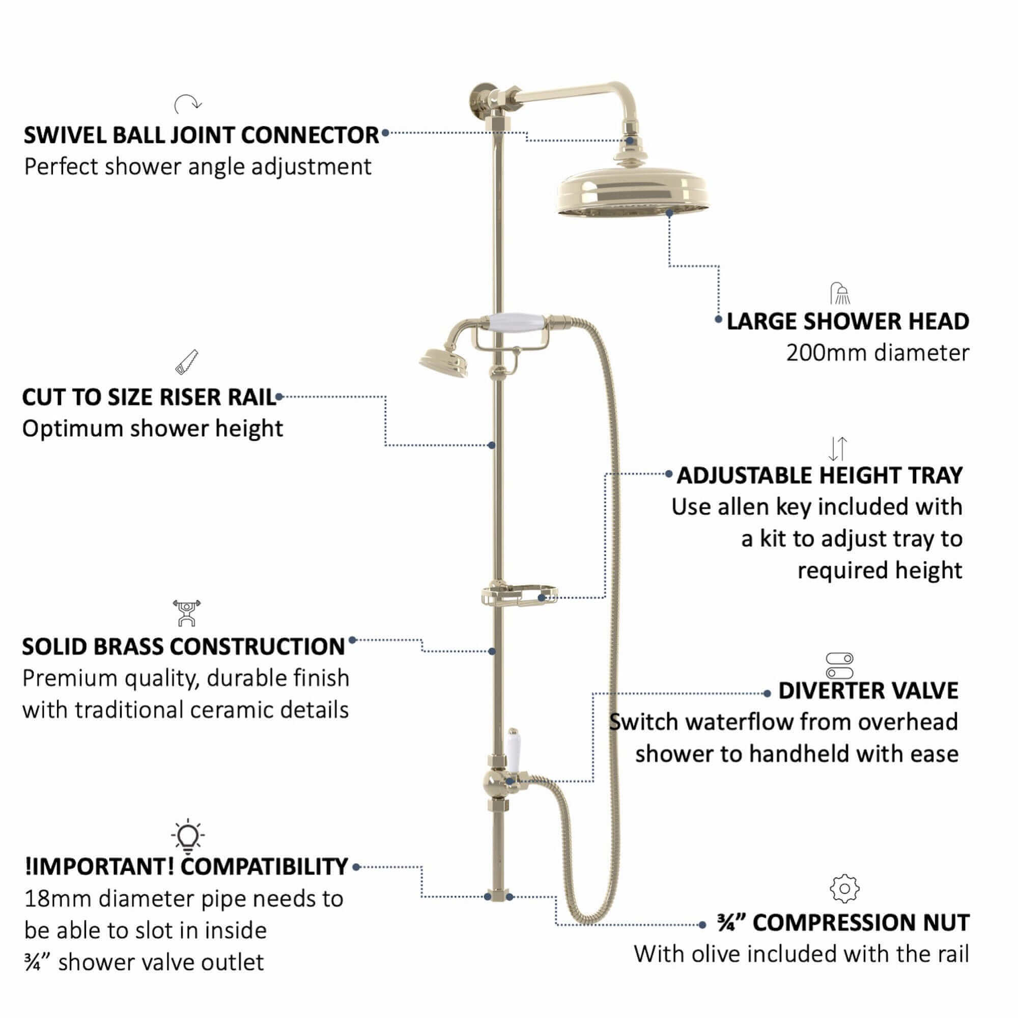 Downton traditional shower riser rail kit 2 outlet soap dish watercan head 200mm - gold