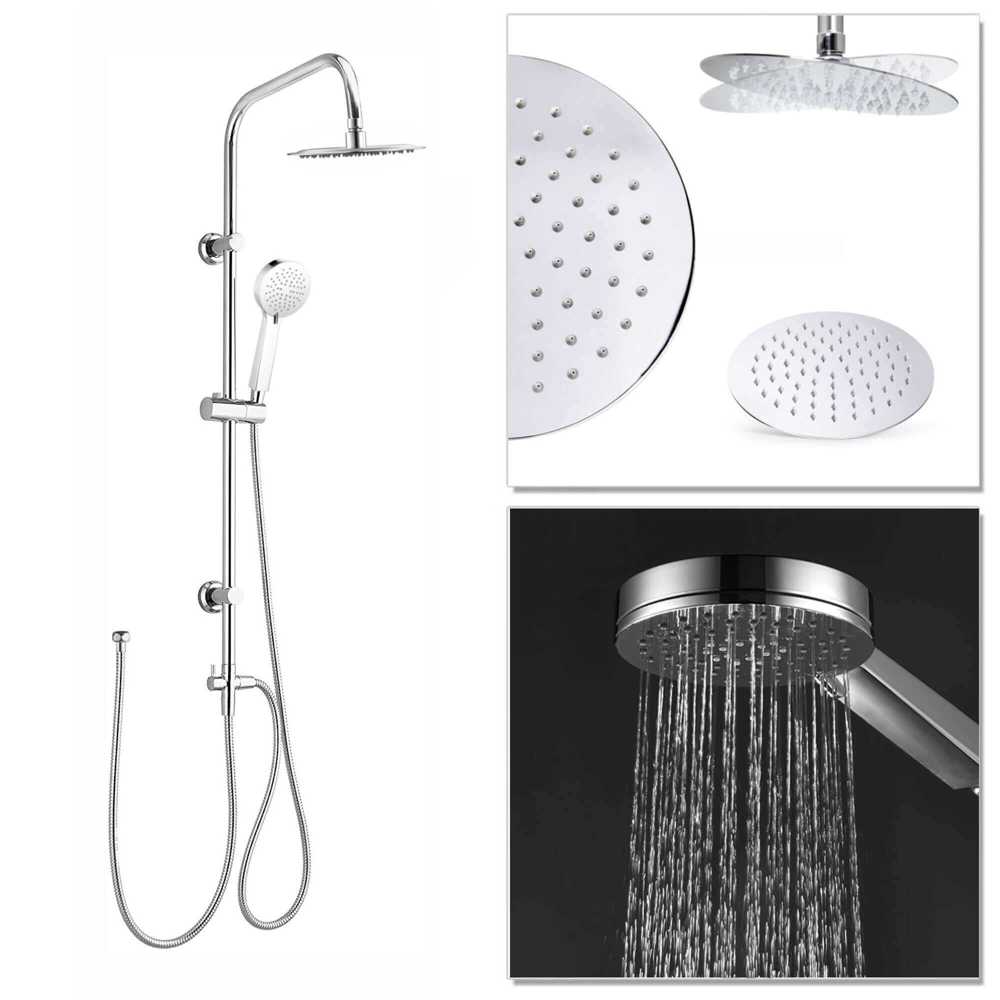 Carre Dual Rigid Riser Kit Round Ultra Slim Overhead Rain Shower & 3 Setting Handheld Shower - Chrome