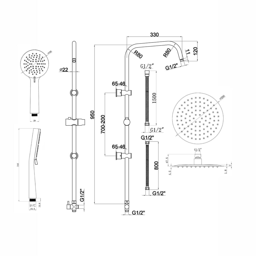 Carre Dual Rigid Riser Kit Round Ultra Slim Overhead Rain Shower & 3 Setting Handheld Shower - Chrome