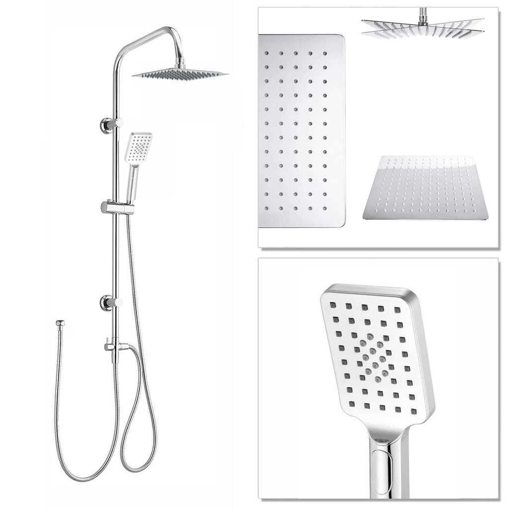 Carre Dual Rigid Riser Kit Square Ultra Slim Overhead Rain Shower & 3 Setting Handheld Shower - Chrome