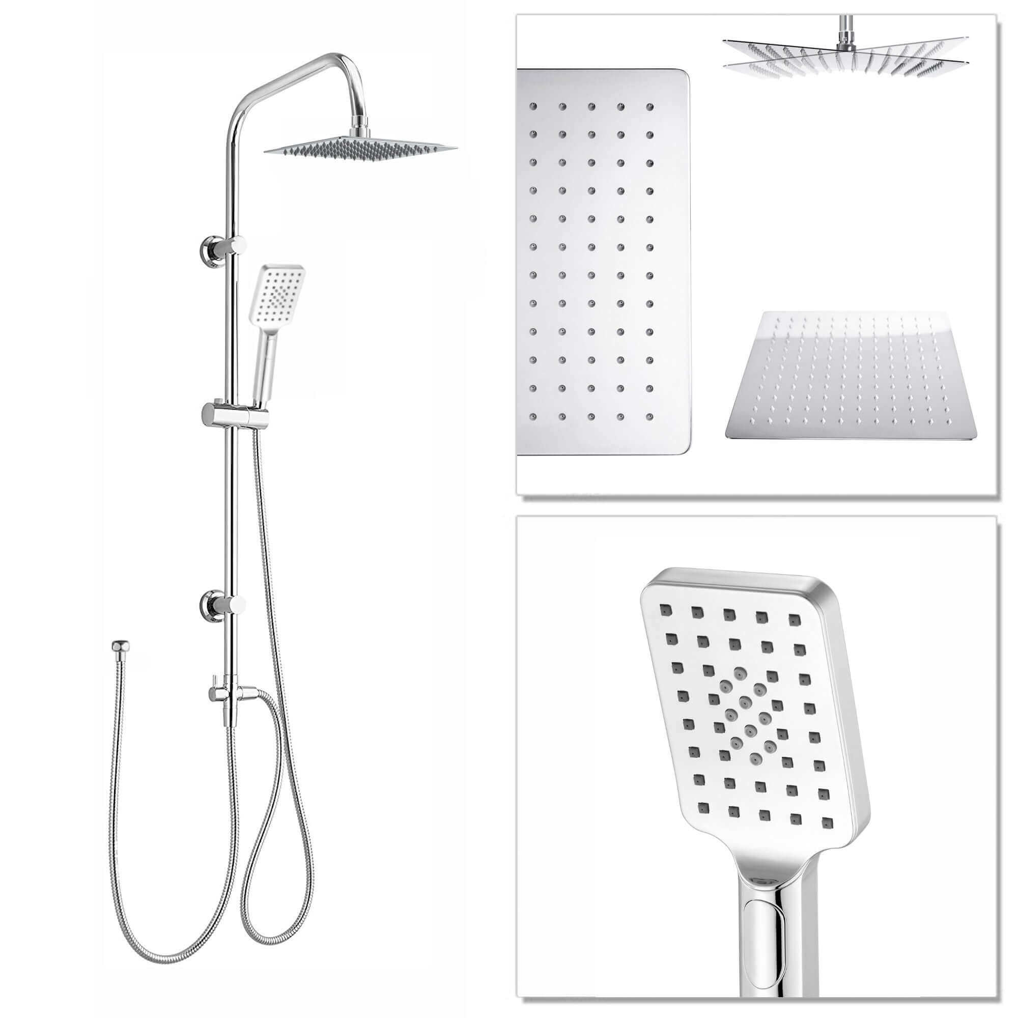 Carre Dual Rigid Riser Kit Square Ultra Slim Overhead Rain Shower & 3 Setting Handheld Shower - Chrome
