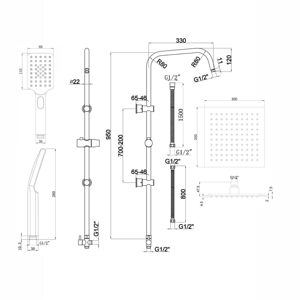 Carre Dual Rigid Riser Kit Square Ultra Slim Overhead Rain Shower & 3 Setting Handheld Shower - Chrome