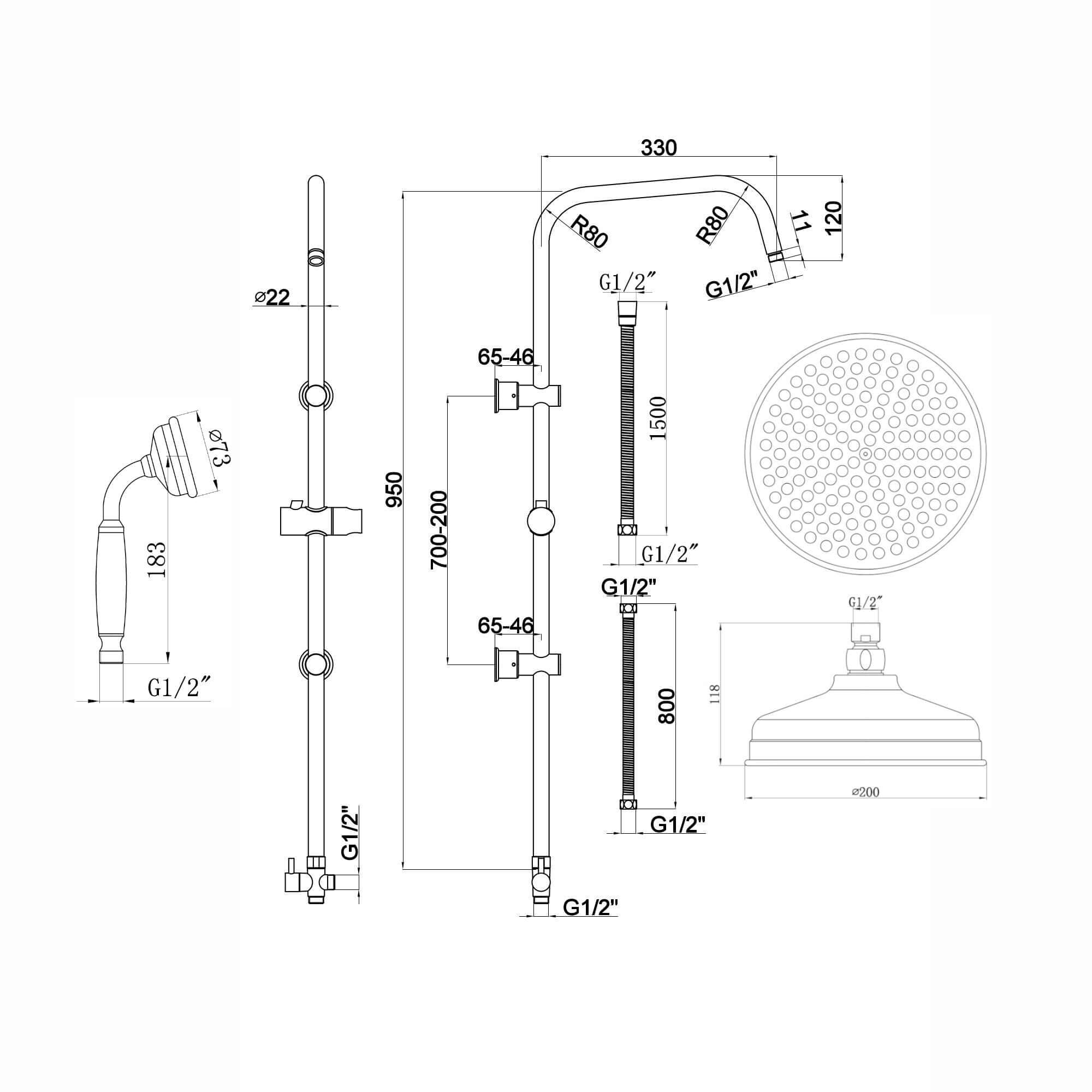 Carre Dual Rigid Riser Kit Traditional Solid Brass Overhead Rain Shower & Brass Handheld Shower - Chrome