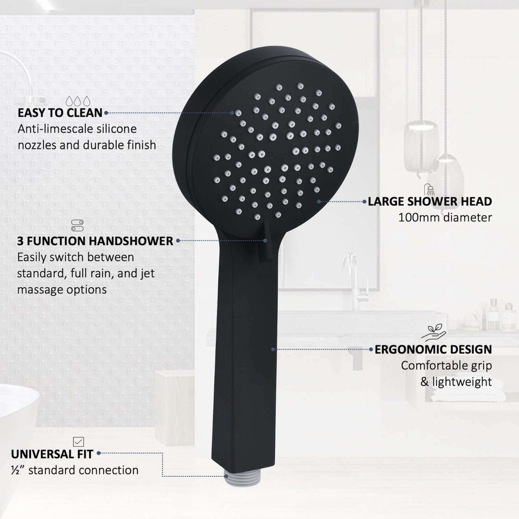 Carre Dual Rigid Riser Kit Round Ultra Slim Overhead Rain Shower & 3 Setting Handheld Shower - Black