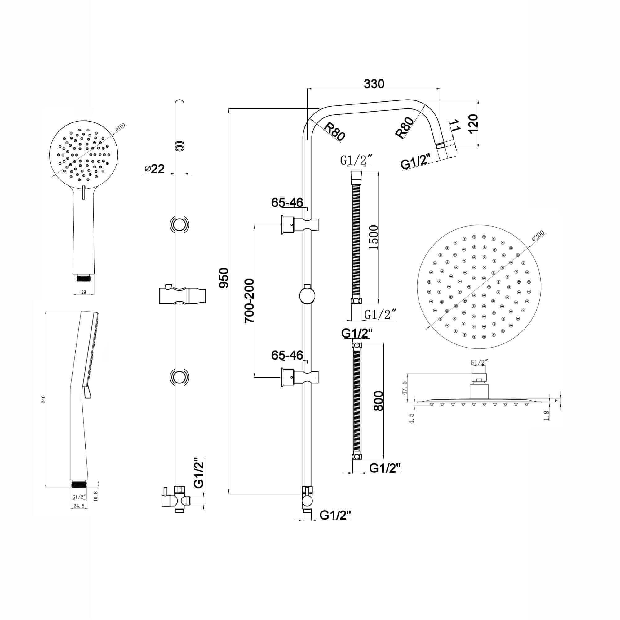 Carre Dual Rigid Riser Kit Round Ultra Slim Overhead Rain Shower & 3 Setting Handheld Shower - Black