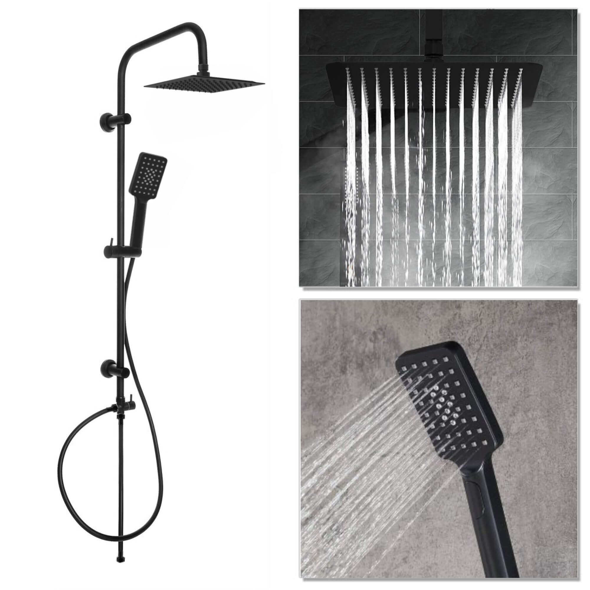Carre Dual Rigid Riser Kit Square Ultra Slim Overhead Rain Shower & 3 Setting Handheld Shower - Black