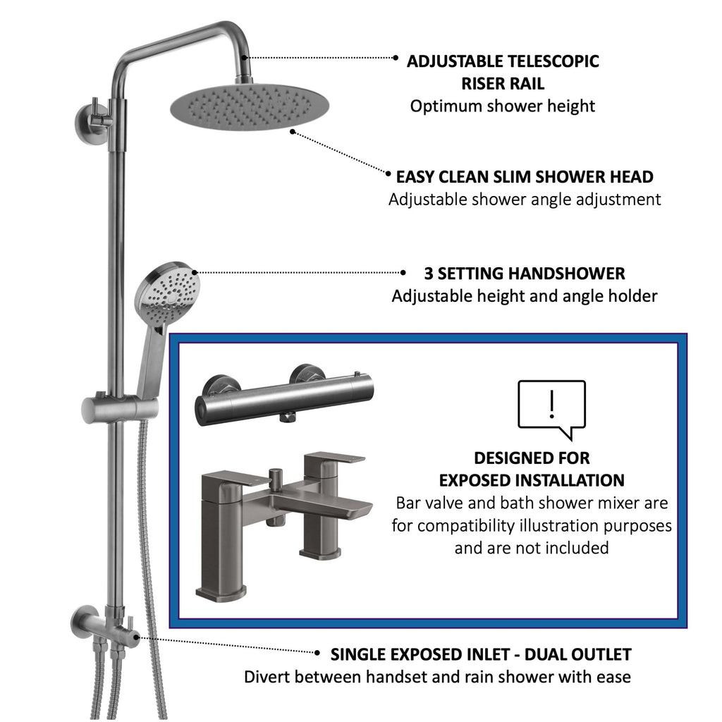 Dune round dual shower riser rail kit for exposed installation - gunmetal grey