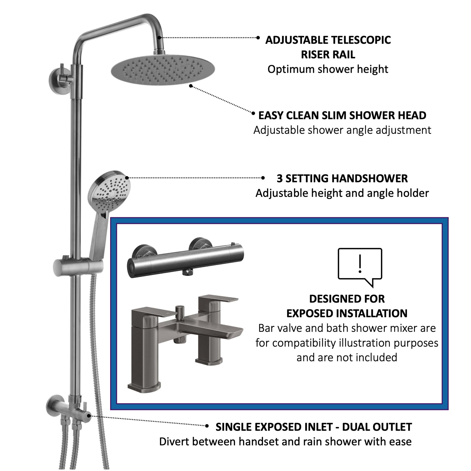 Dune round dual shower riser rail kit for exposed installation - gunmetal grey