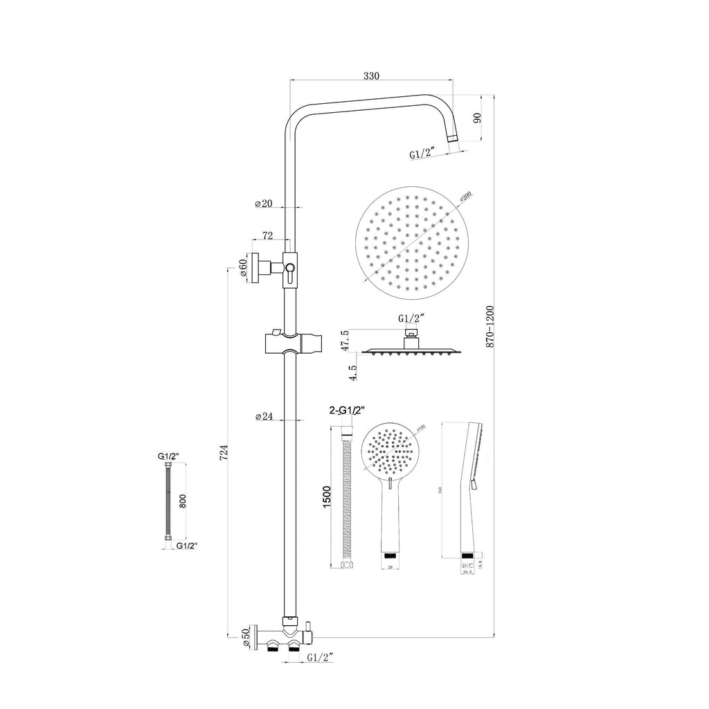 Dune round dual shower riser rail kit for exposed installation - gunmetal grey