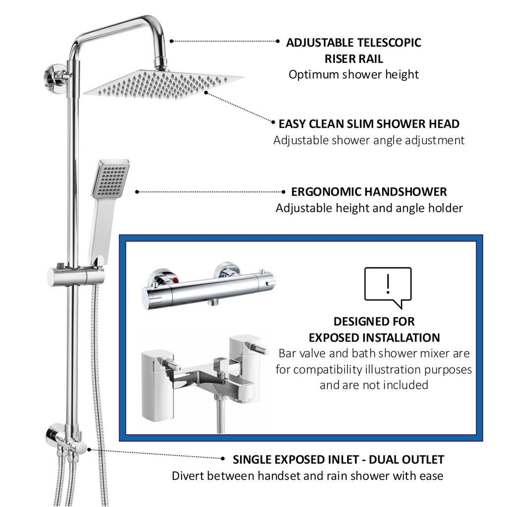 Dune square dual shower riser rail kit for exposed installation - chrome