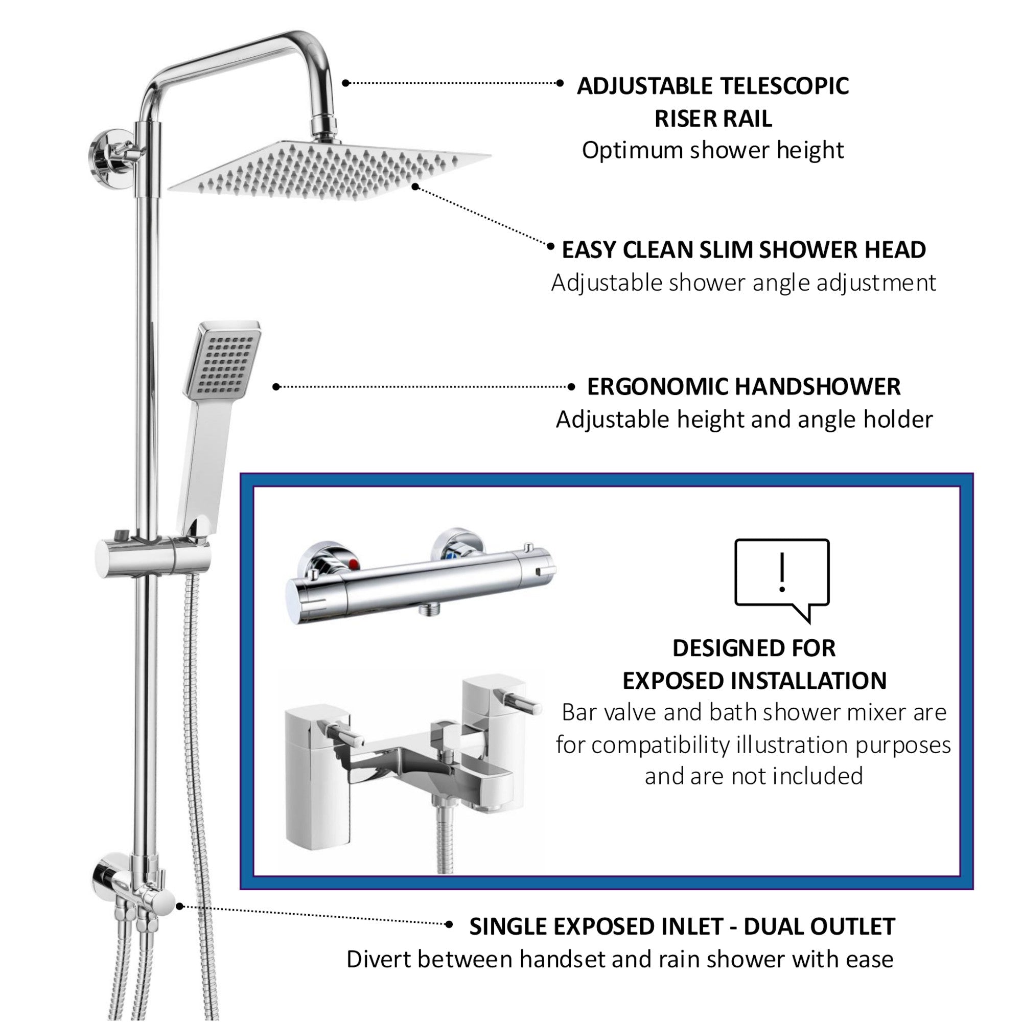 Dune square dual shower riser rail kit for exposed installation - chrome