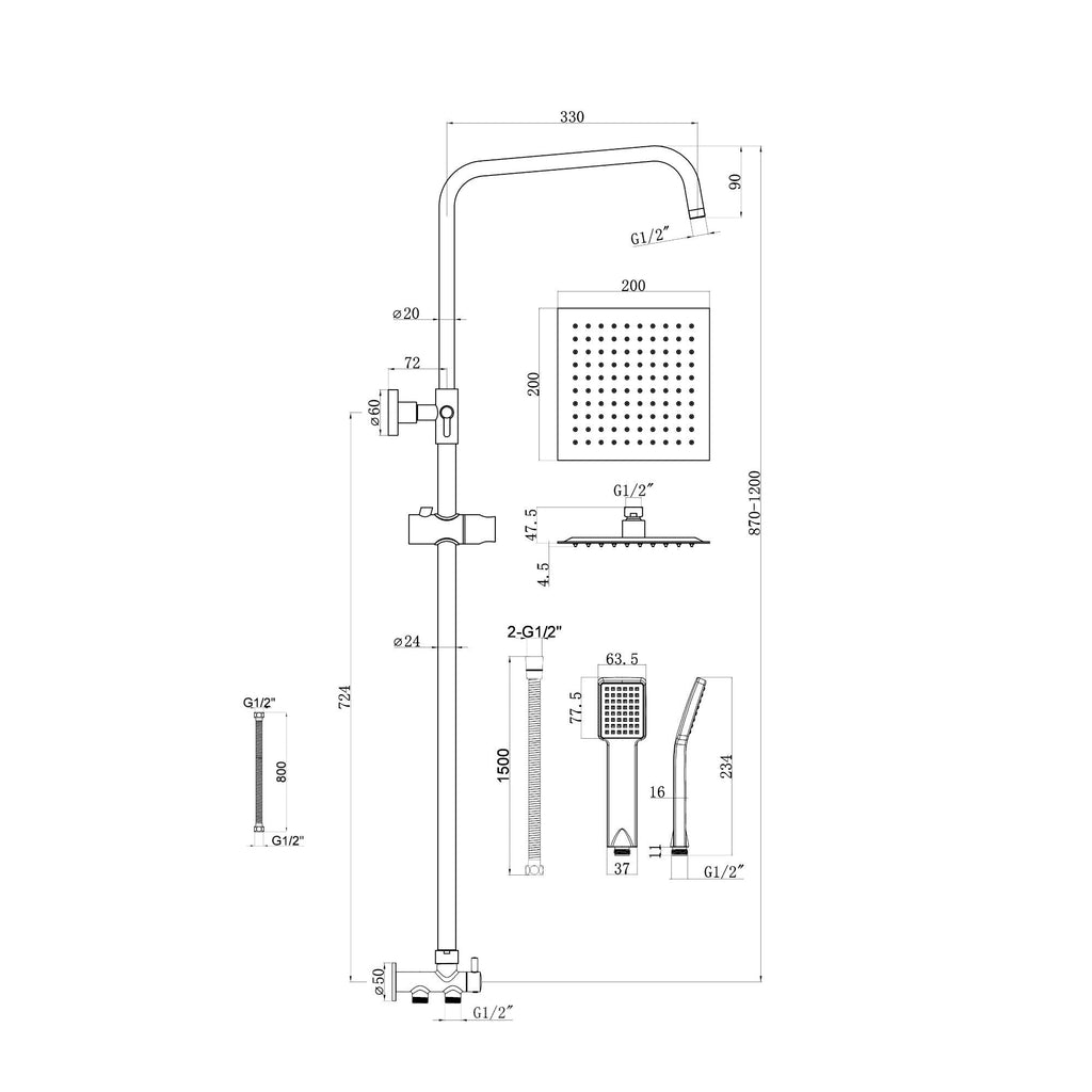 Dune square dual shower riser rail kit for exposed installation - chrome
