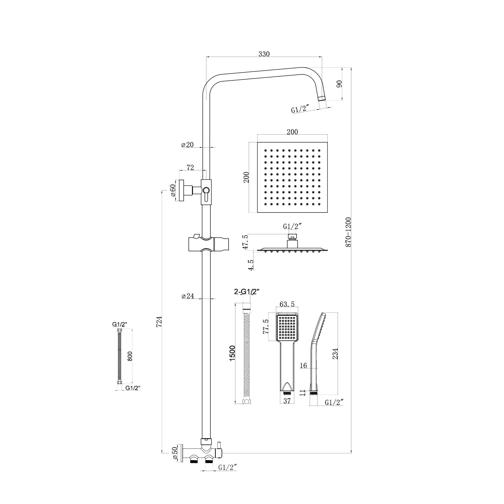 Dune square dual shower riser rail kit for exposed installation - chrome