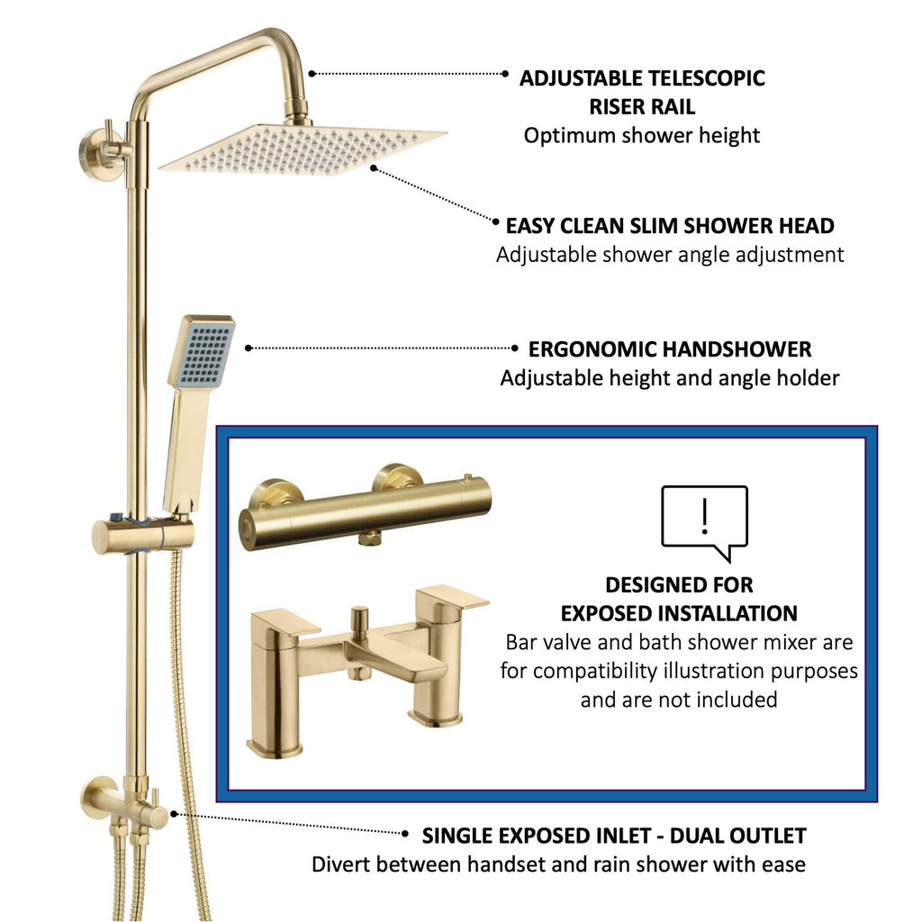 Dune square dual shower riser rail kit for exposed installation - brushed brass