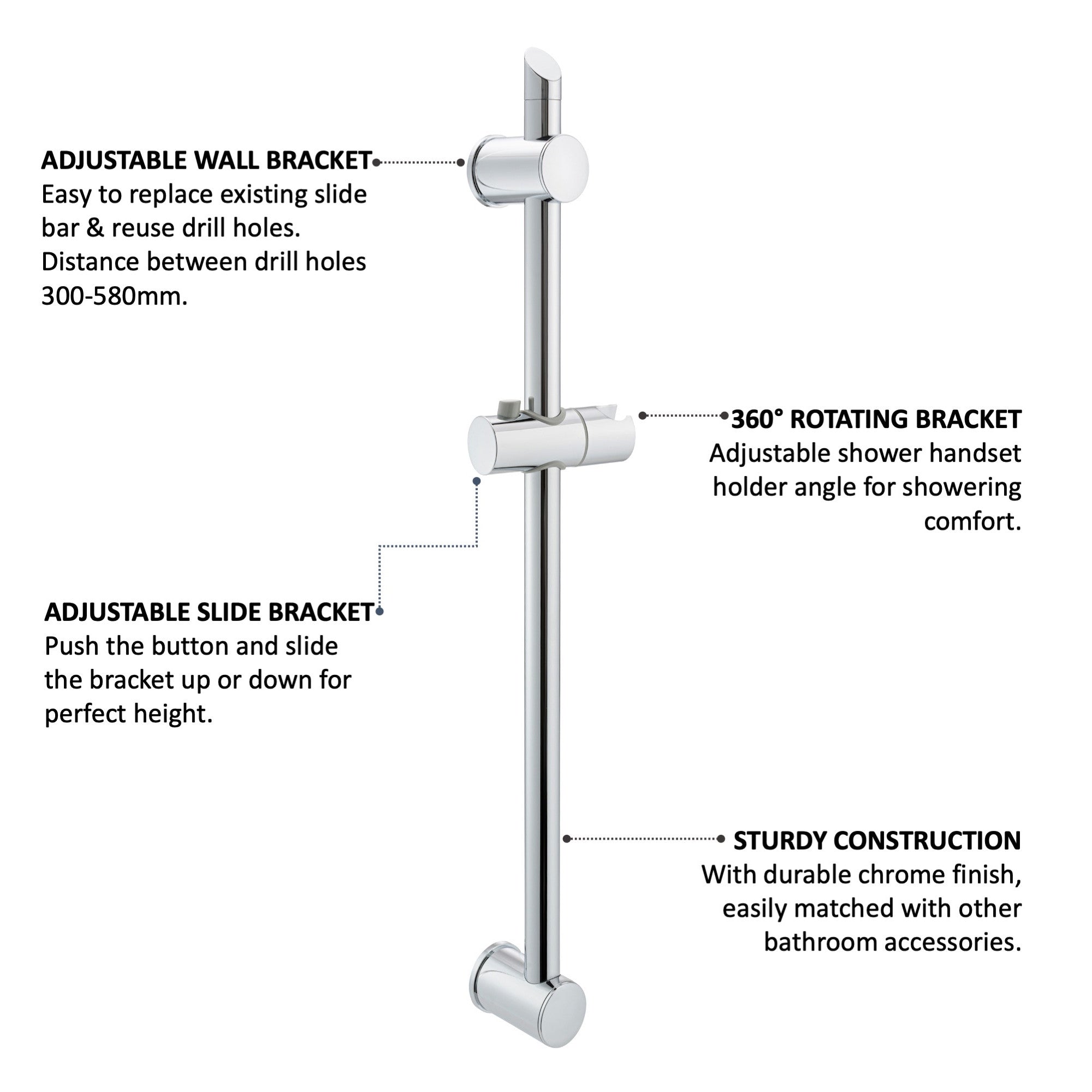 Adjustable sliding shower rail - chrome