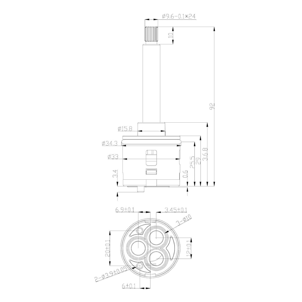 32mm 2-Way Shower Diverter Cartridge 92mm in Length - Crosshead, Square, Round