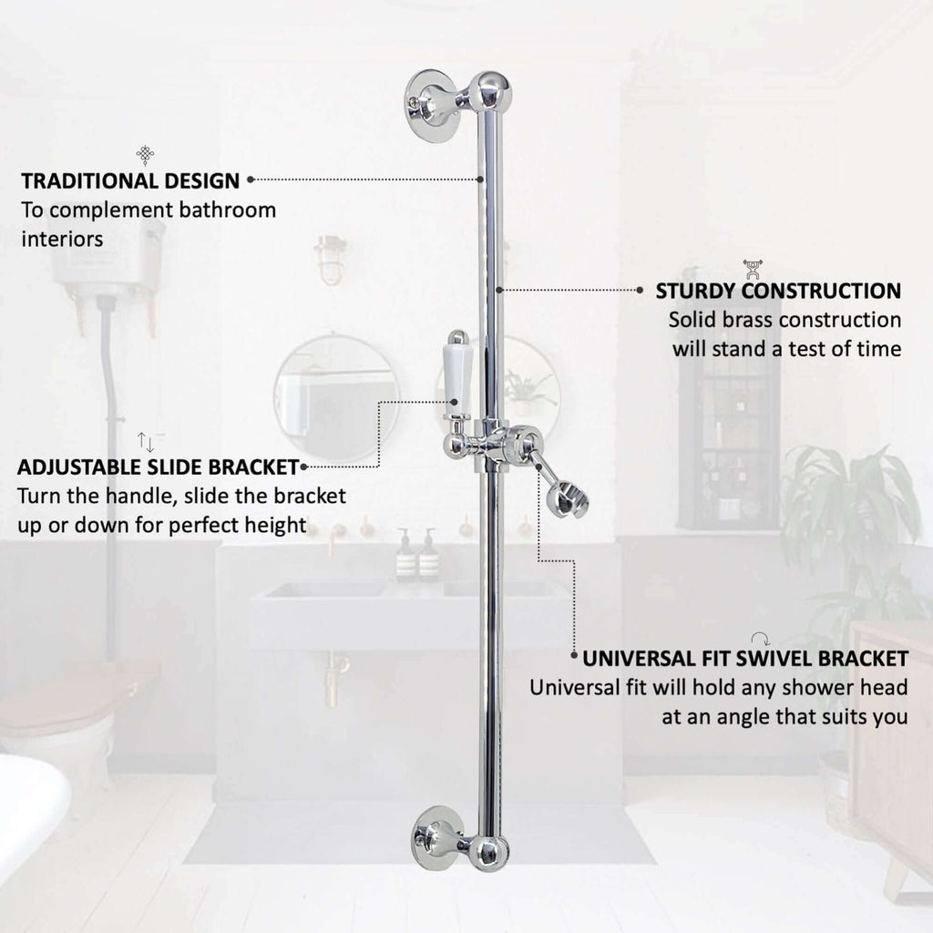 Traditional shower slider rail brass with white ceramic lever bracket - chrome