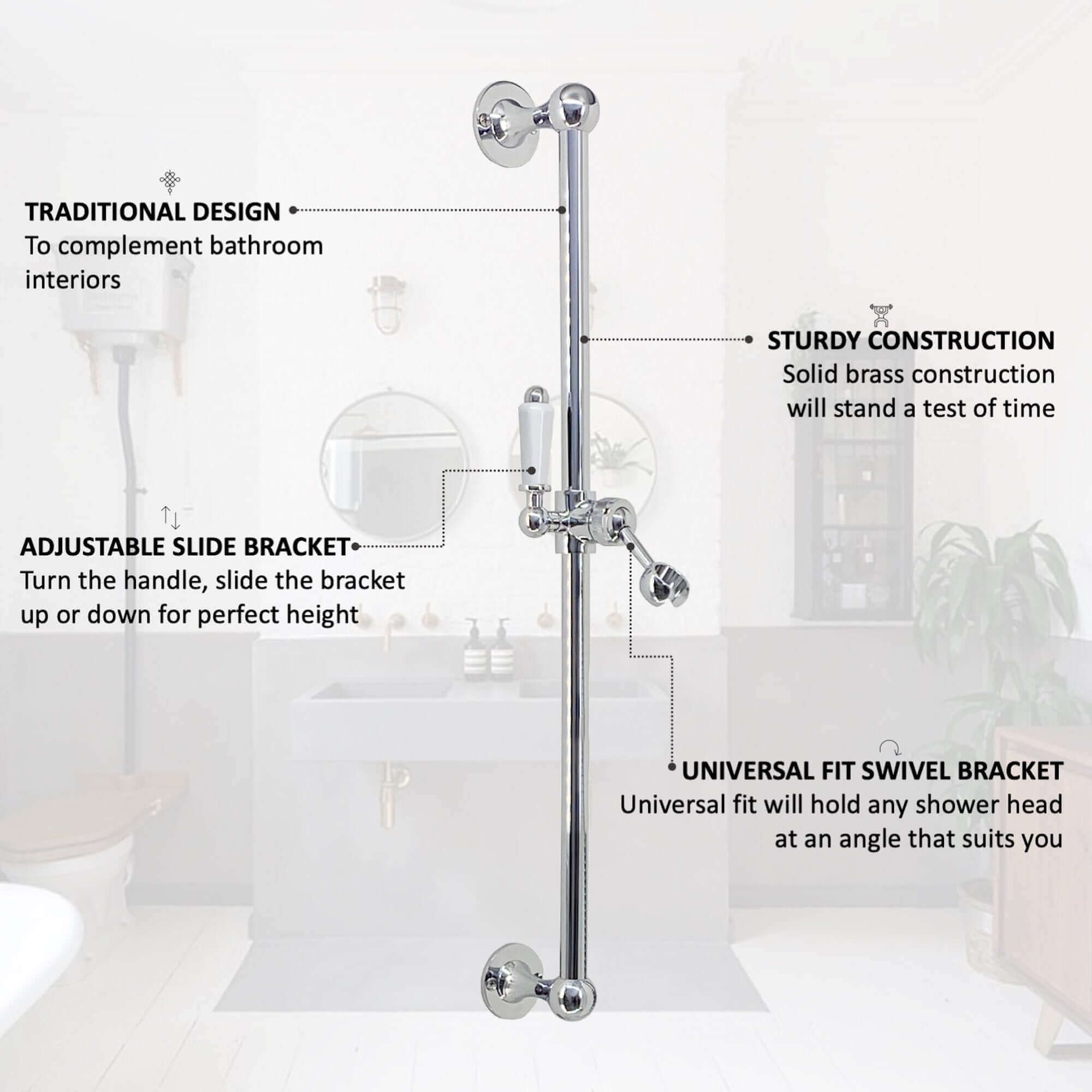 Traditional shower slider rail brass with white ceramic lever bracket - chrome