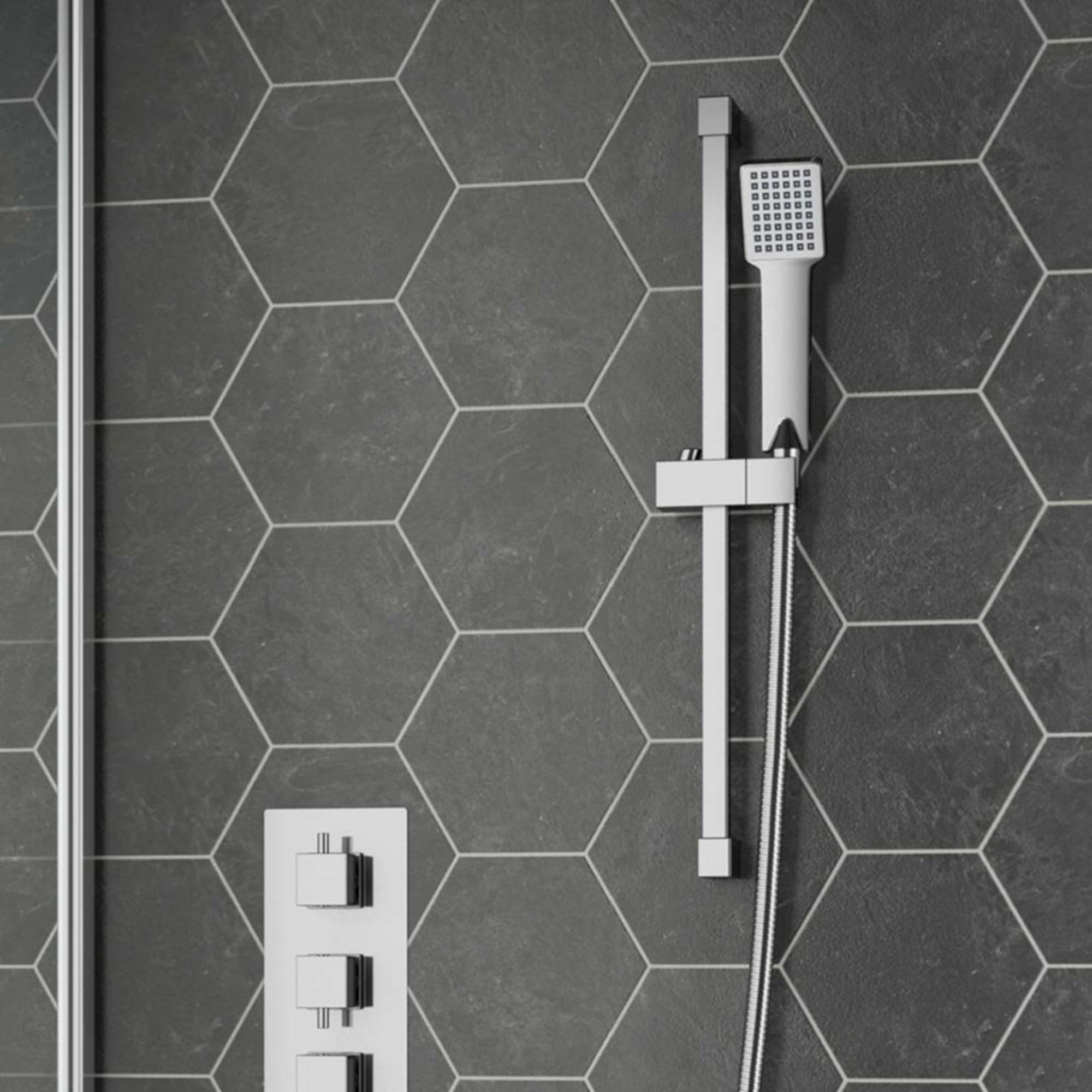 Square shower slider rail bar with hand shower holder - chrome