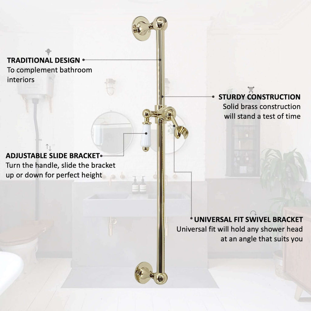 Traditional shower slider rail brass with white ceramic lever bracket - gold