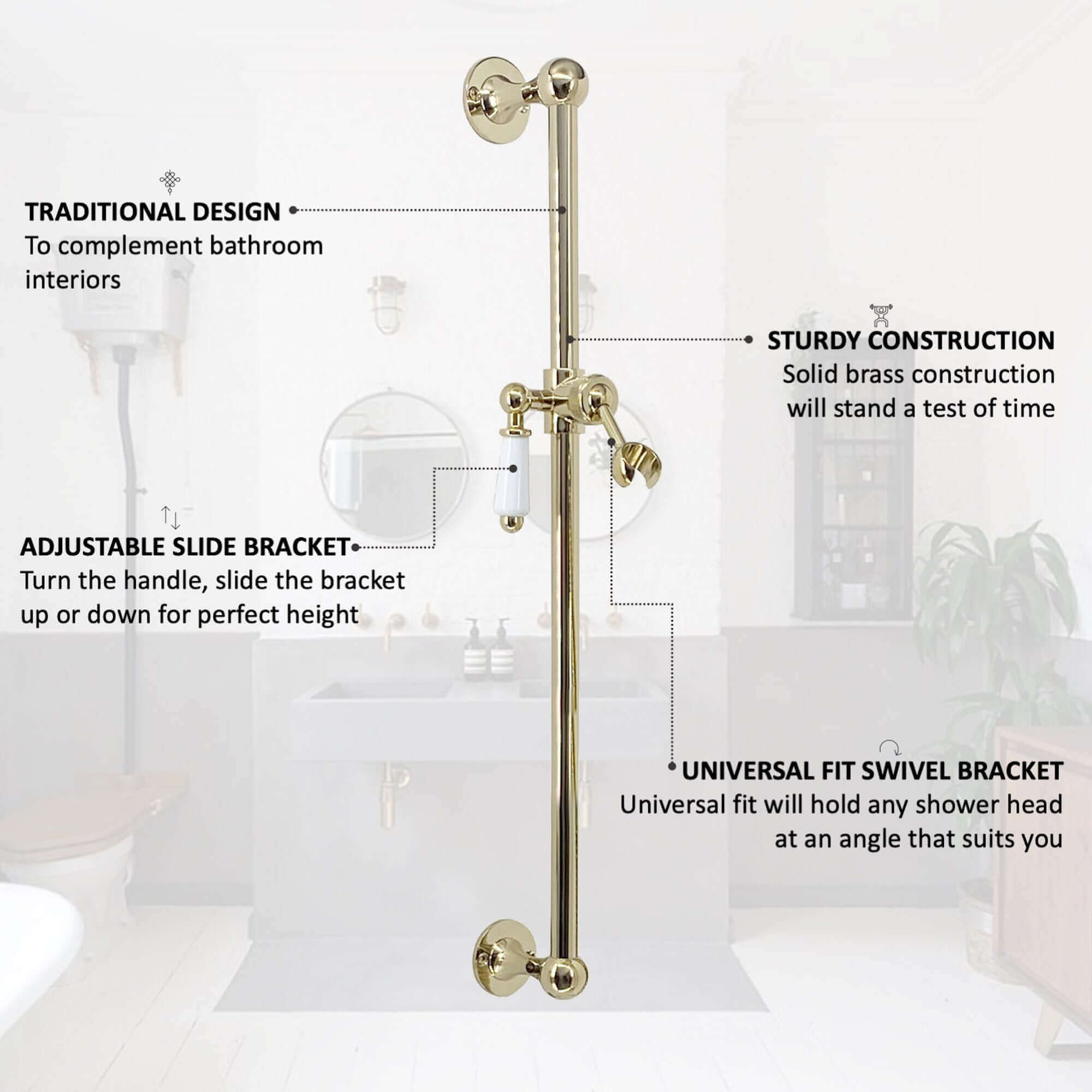 Traditional shower slider rail brass with white ceramic lever bracket - gold