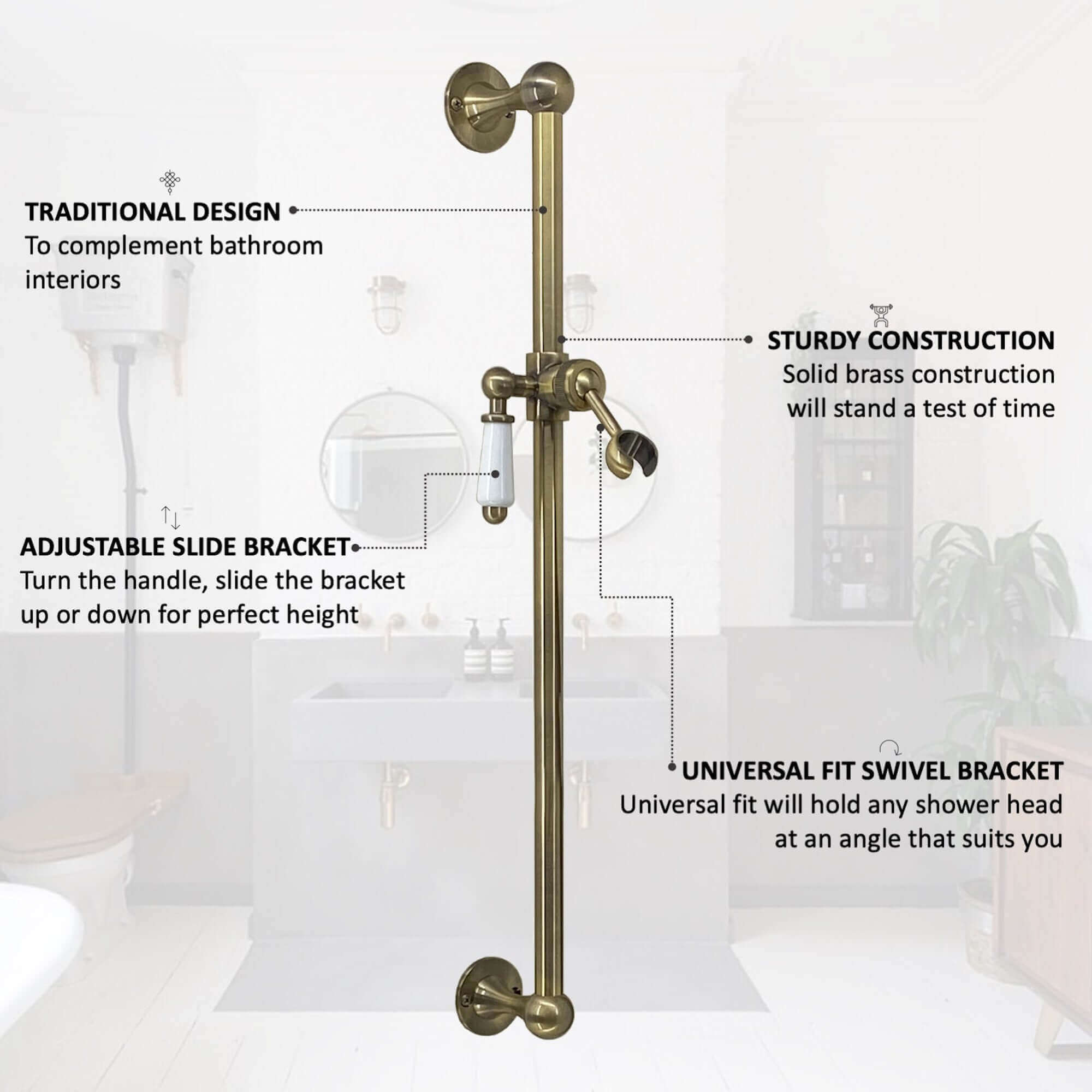 Traditional shower slider rail brass with white ceramic lever bracket - antique brass