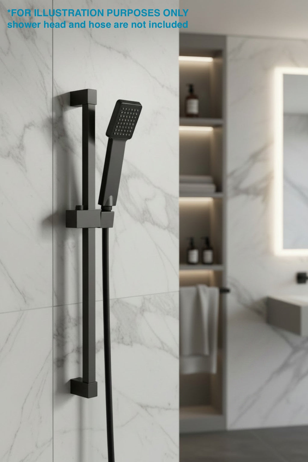 Square shower slider rail bar with hand shower holder - black