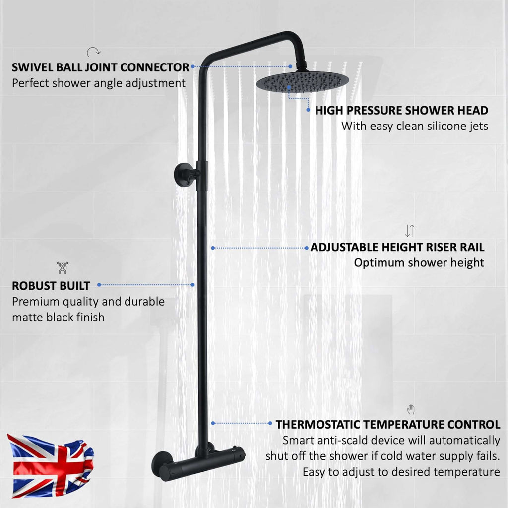 Dune thermostatic bar shower set single outlet with ultra slim 200mm overhead shower - matt black