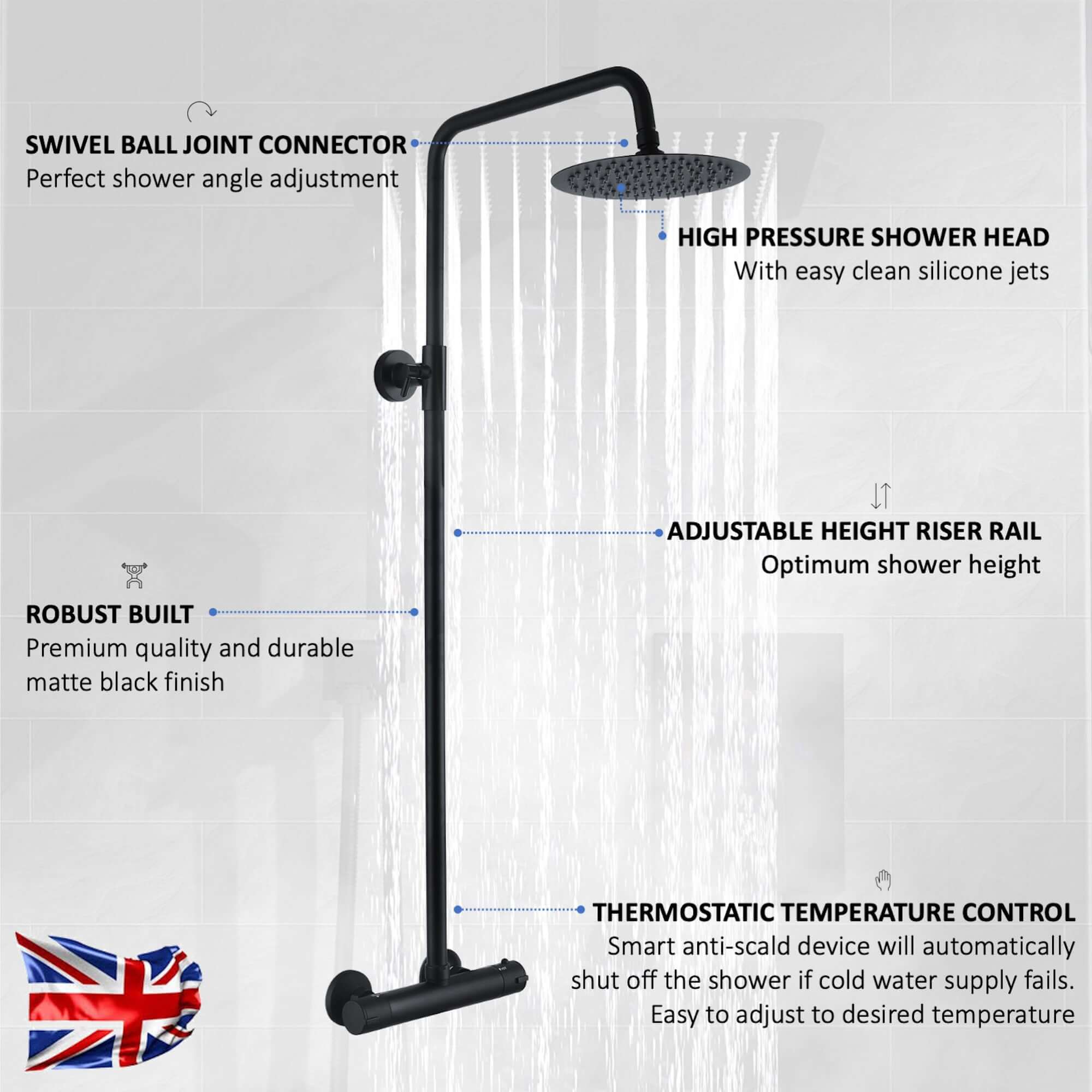 Dune thermostatic bar shower set single outlet with ultra slim 200mm overhead shower - matt black