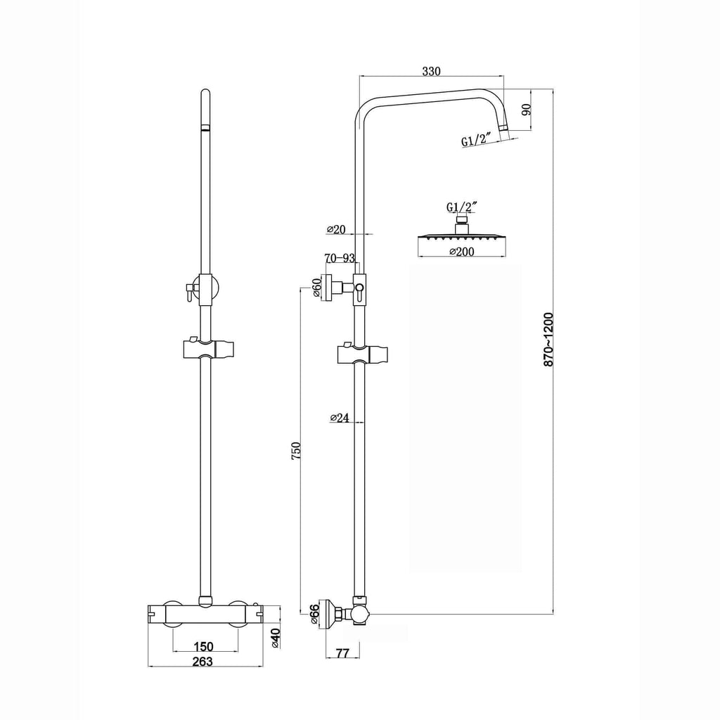 Dune thermostatic bar shower set single outlet with ultra slim 200mm overhead shower - matt black