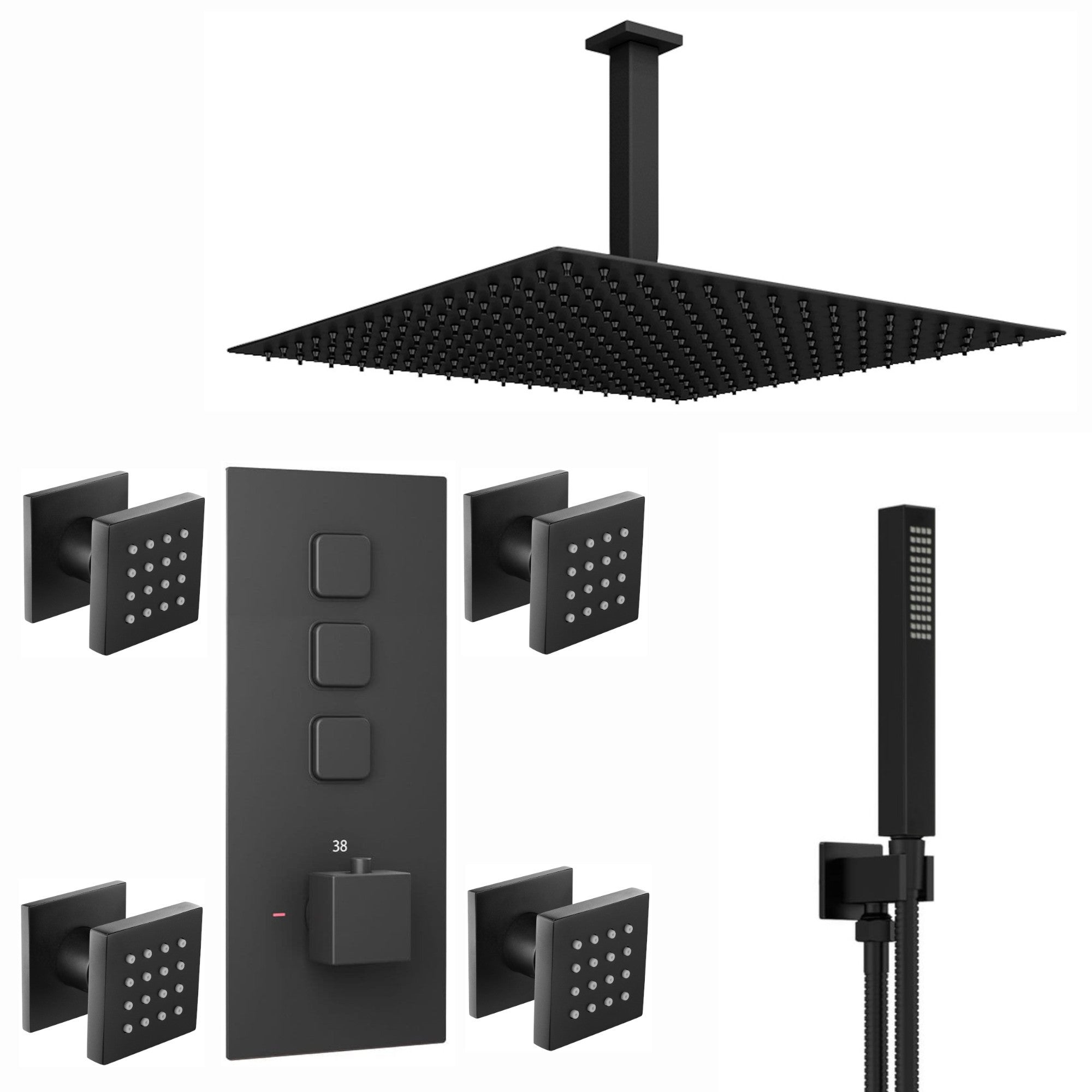 Spello Square Thermostatic Concealed Shower Set with Body Jets, Ceiling Overhead Shower, Handset Kit - Black