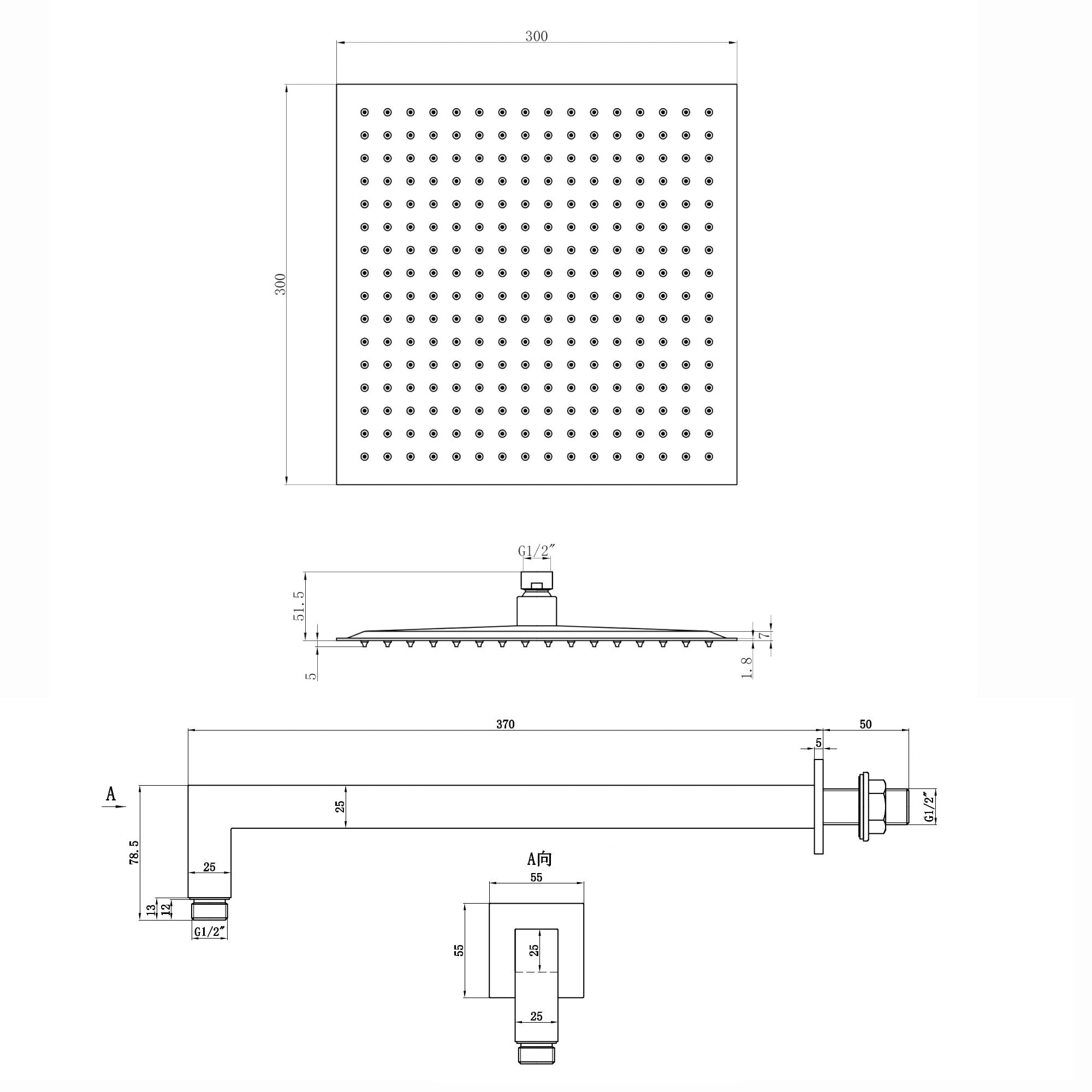 Spello Square Thermostatic Concealed Shower Set with Wall Mounted Shower & Handset Kit - Chrome