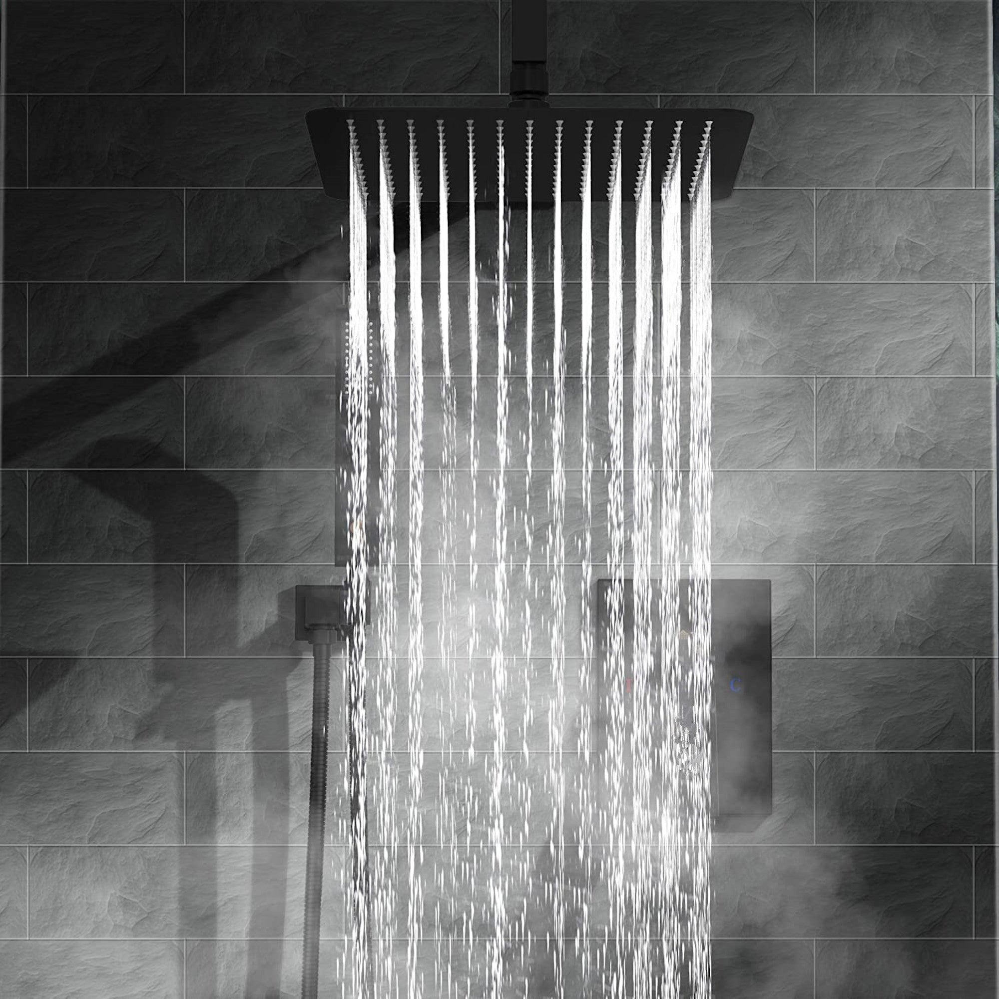 Spello Square Thermostatic Concealed Shower Set with Wall Mounted Shower & Handset Kit - Black