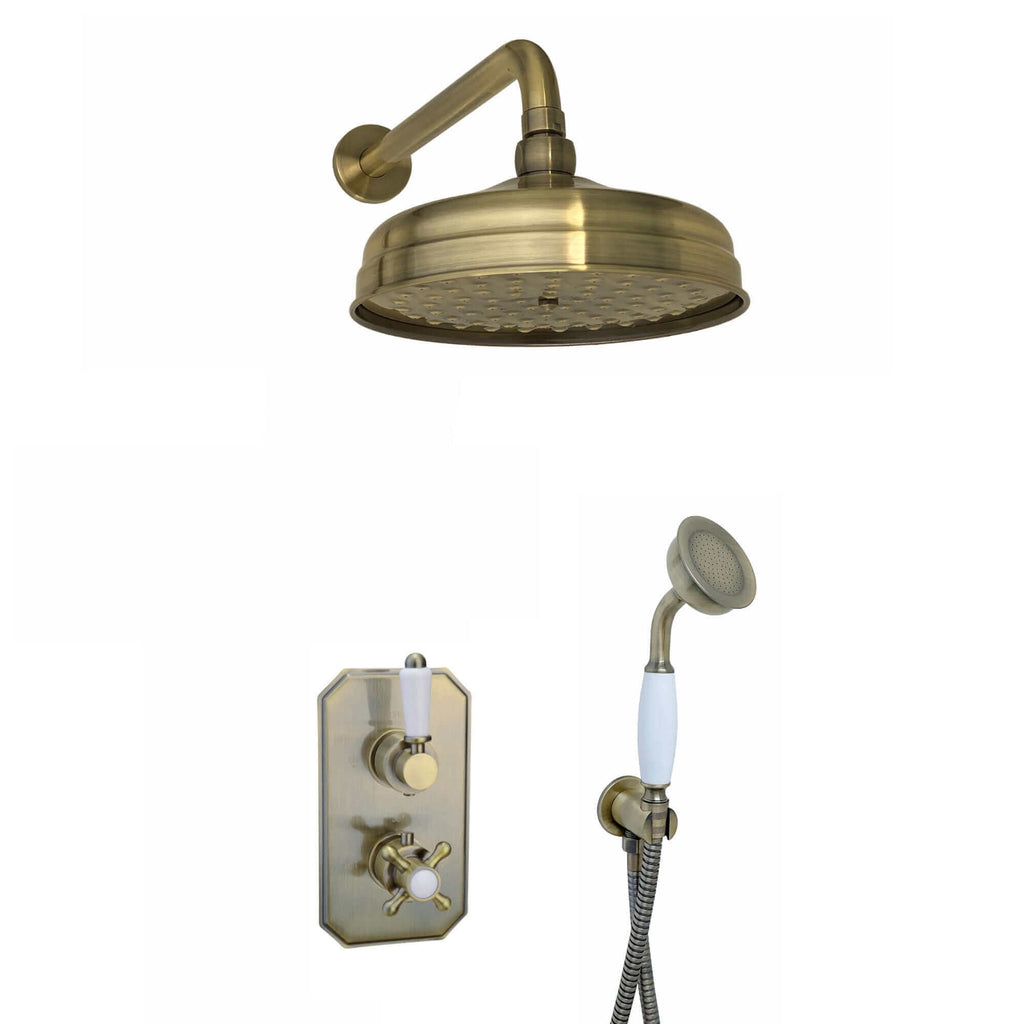 Regent Traditional Crosshead And White Lever Concealed Thermostatic Shower Set Incl. Twin Valve, Wall Fixed 8" Shower Head, Handshower Kit - Antique Brass (2 Outlet)