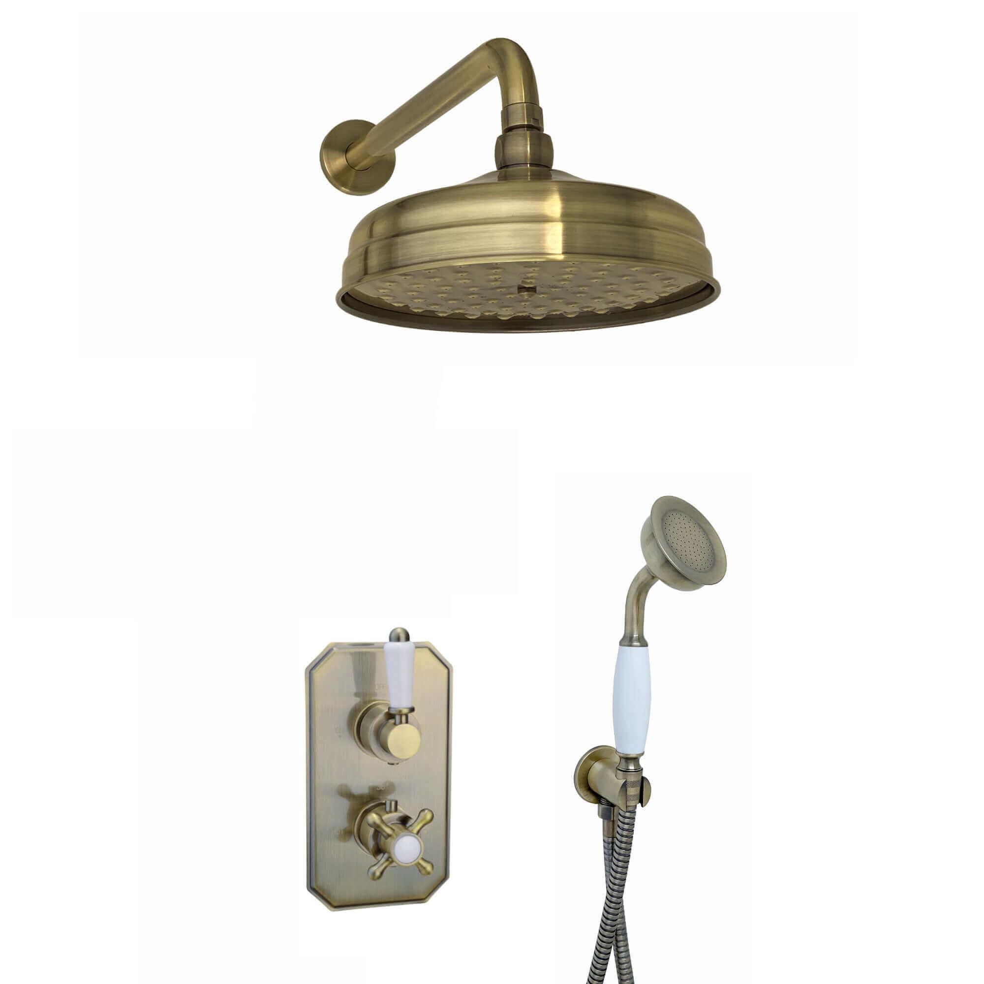 Regent Traditional Crosshead And White Lever Concealed Thermostatic Shower Set Incl. Twin Valve, Wall Fixed 8" Shower Head, Handshower Kit - Antique Brass (2 Outlet)