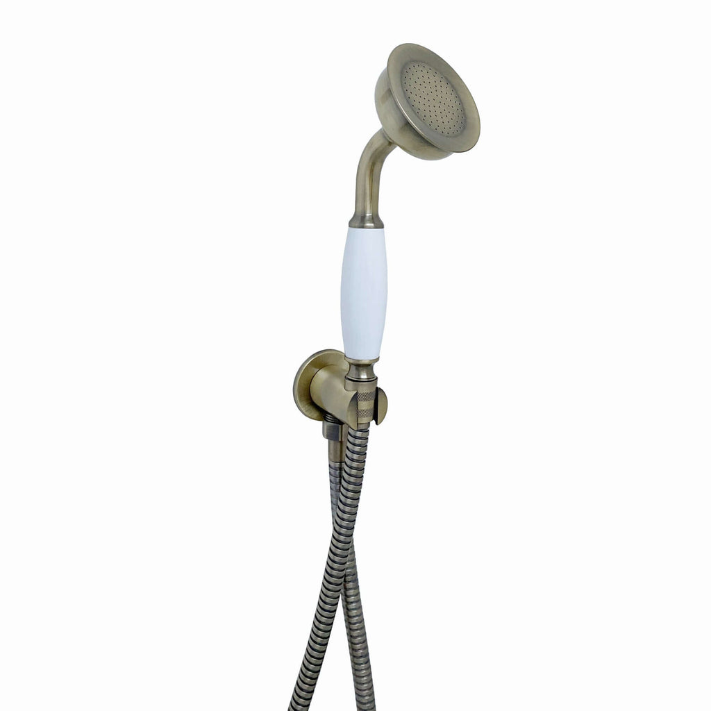 Regent Traditional Crosshead And White Lever Concealed Thermostatic Shower Set Incl. Twin Valve, Wall Fixed 8" Shower Head, Handshower Kit - Antique Brass (2 Outlet)