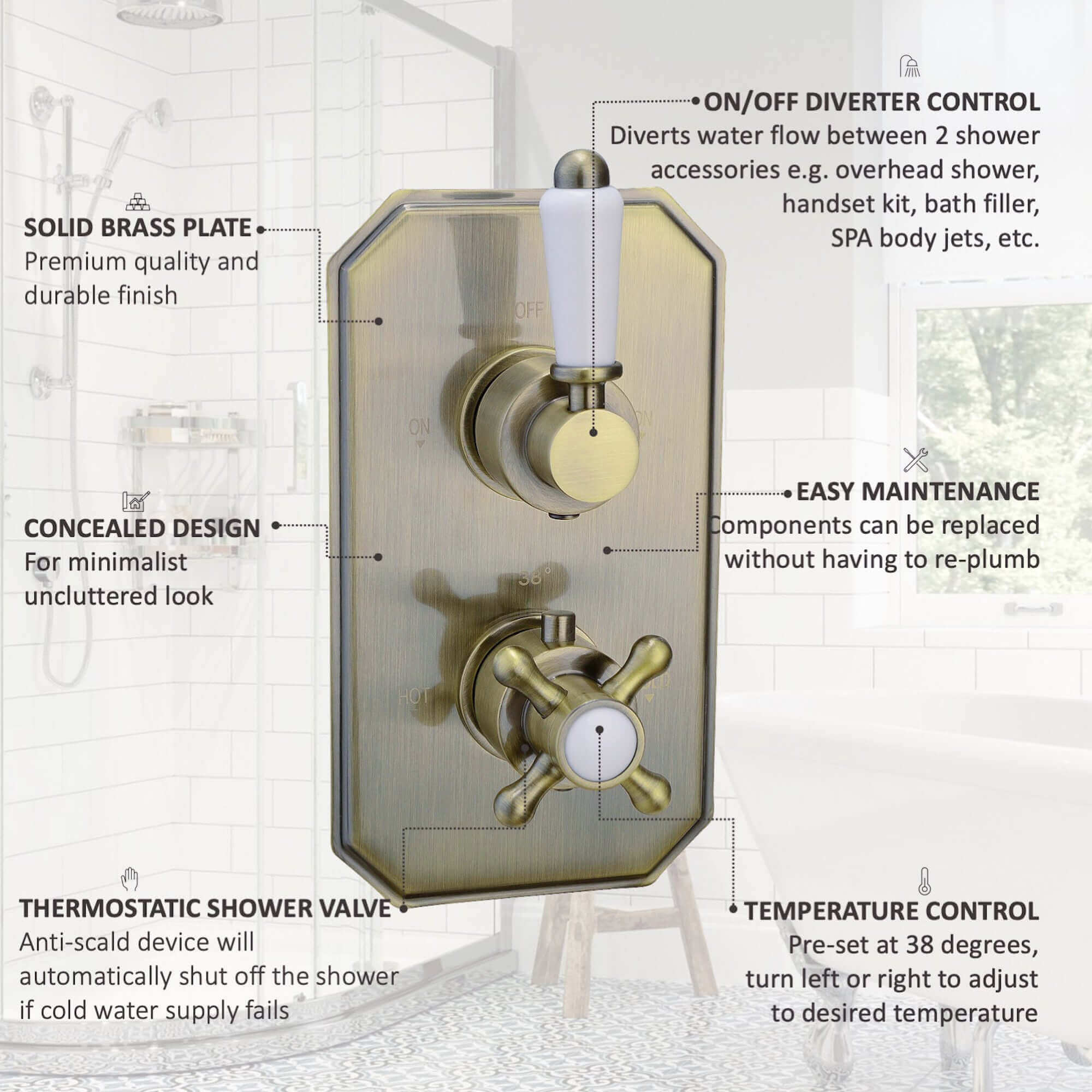 Regent Traditional Crosshead And White Lever Concealed Thermostatic Shower Set Incl. Twin Valve, Wall Fixed 8" Shower Head, Handshower Kit - Antique Brass (2 Outlet)