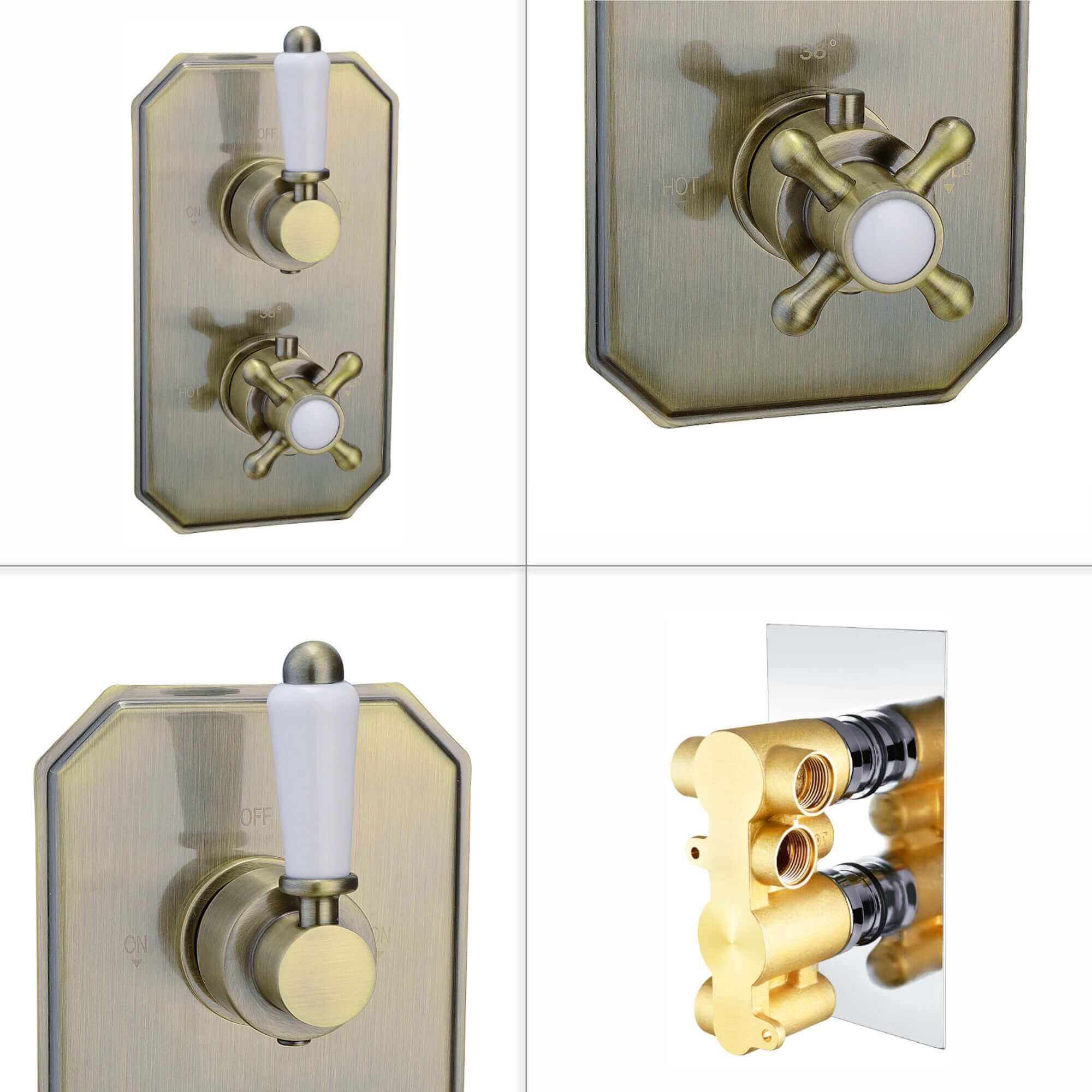 Regent Traditional Crosshead And White Lever Concealed Thermostatic Shower Set Incl. Twin Valve, Wall Fixed 8" Shower Head, Handshower Kit - Antique Brass (2 Outlet)