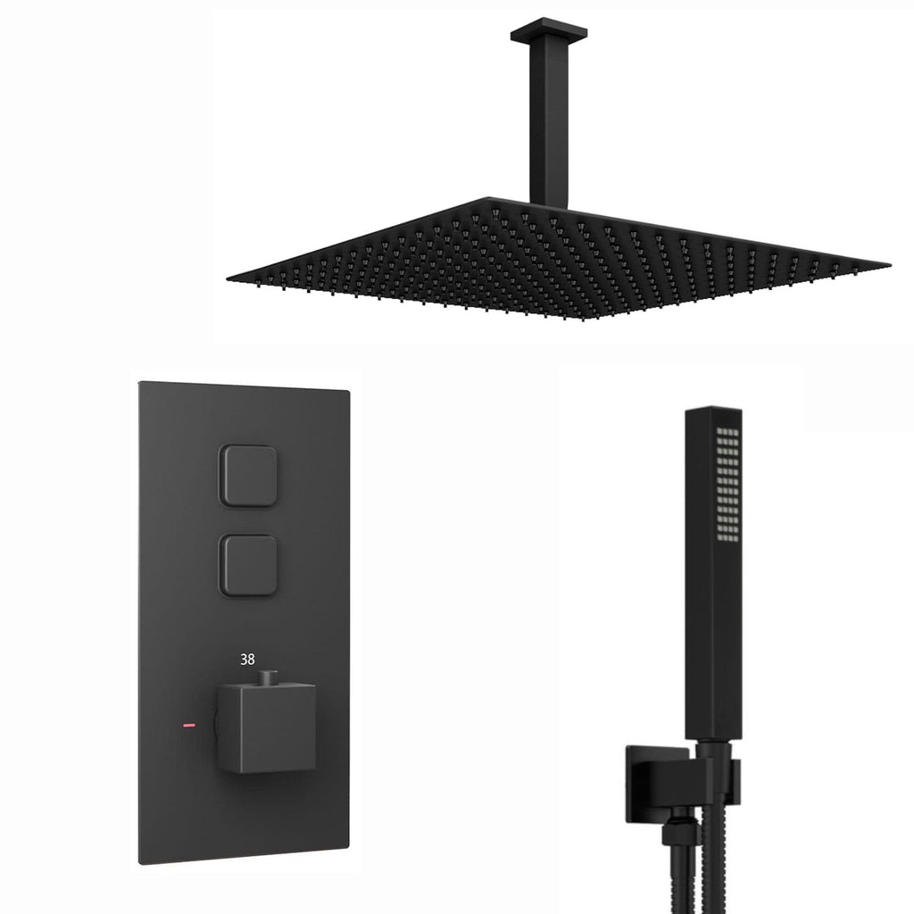 Spello Square Thermostatic Concealed Shower Set with Ceiling Mounted Shower & Handset Kit - Black