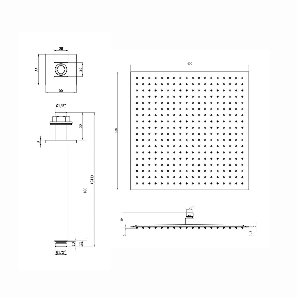 Spello Square Thermostatic Concealed Shower Set with Ceiling Mounted Shower & Handset Kit - Black