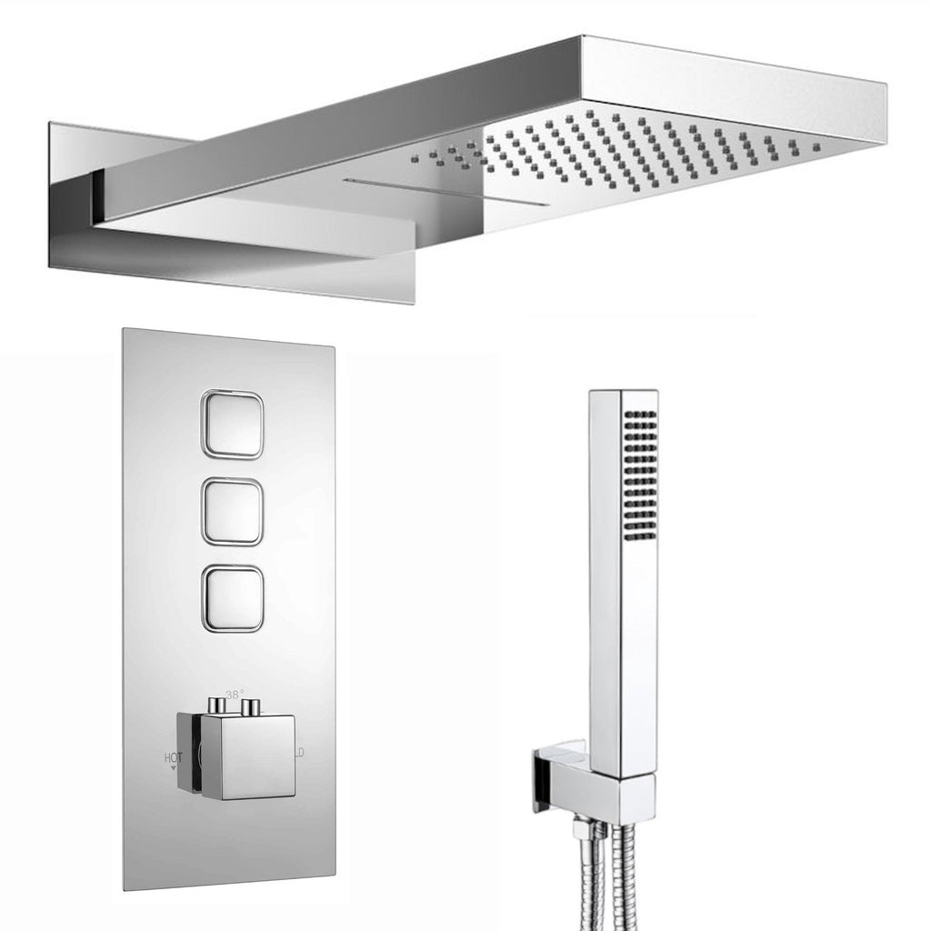 Spello Square Thermostatic Concealed Shower Set with Dual Overhead Shower, Handset Kit - Chrome