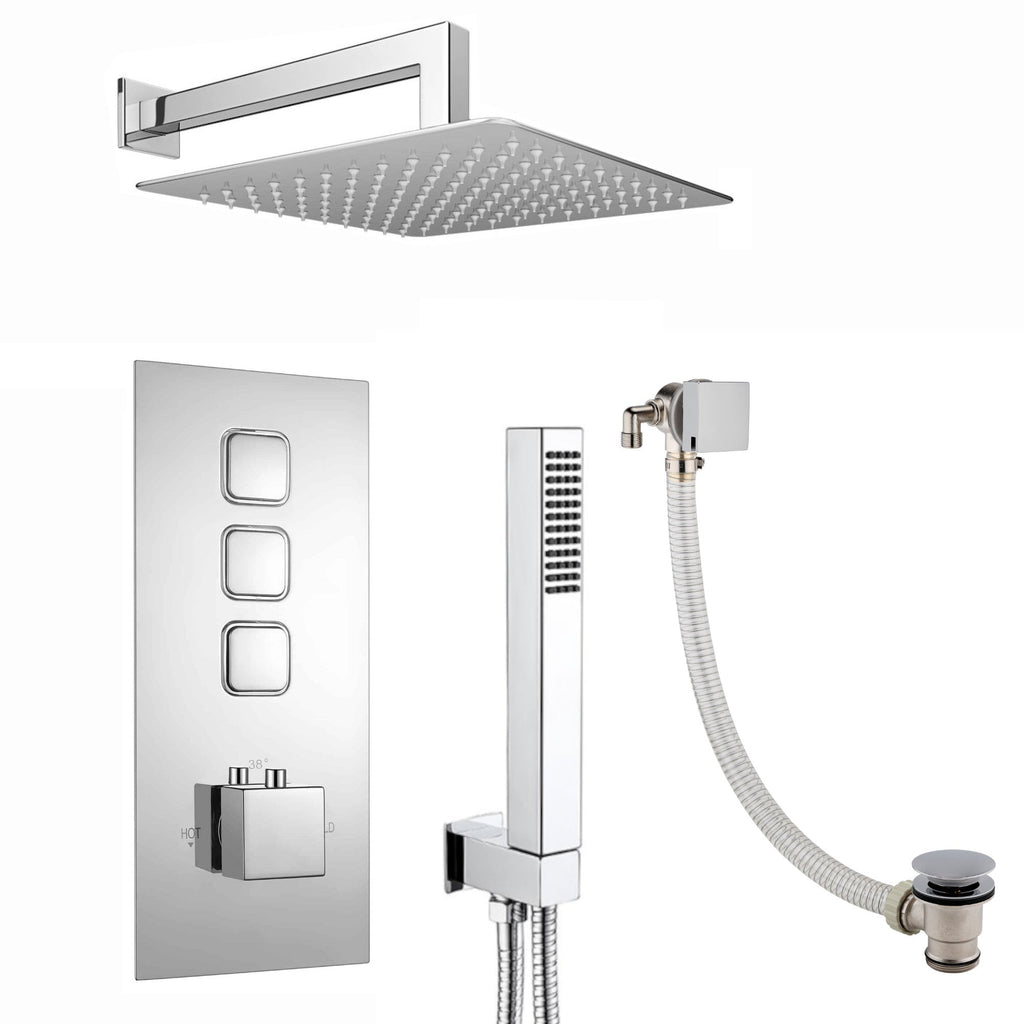 Spello Square Thermostatic Concealed Shower Set with Bath Filler, Wall Overhead Shower, Handset Kit - Chrome