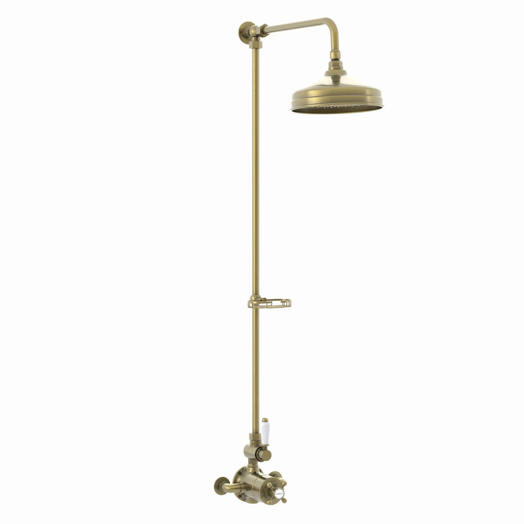Downton Exposed Traditional Thermostatic Shower Set Single Outlet Incl. Twin Shower Valve, Rigid Riser Rail, 200mm Shower Head & Caddy - Antique Brass
