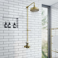 Downton Exposed Traditional Thermostatic Shower Set Single Outlet Incl. Twin Shower Valve, Rigid Riser Rail, 200mm Shower Head & Caddy - Antique Brass