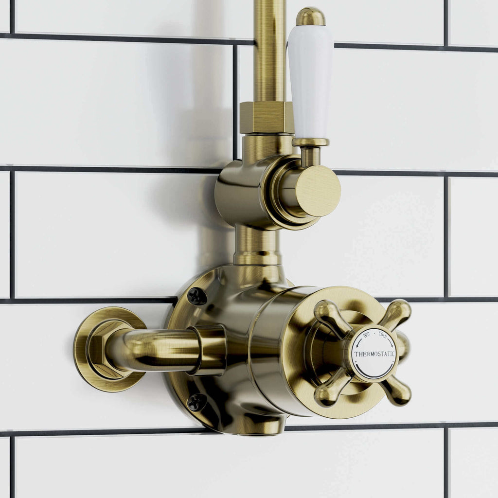 Downton Exposed Traditional Thermostatic Shower Set Single Outlet Incl. Twin Shower Valve, Rigid Riser Rail, 200mm Shower Head & Caddy - Antique Brass