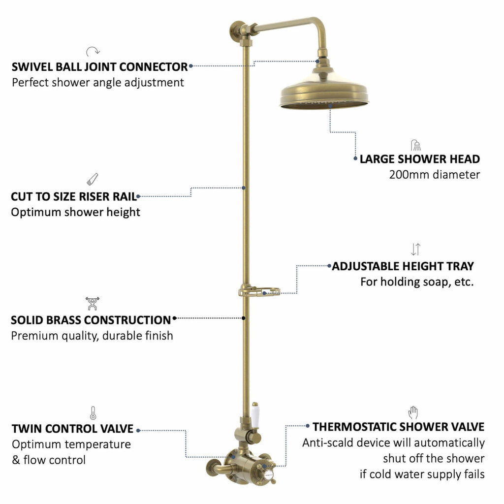 Downton Exposed Traditional Thermostatic Shower Set Single Outlet Incl. Twin Shower Valve, Rigid Riser Rail, 200mm Shower Head & Caddy - Antique Brass