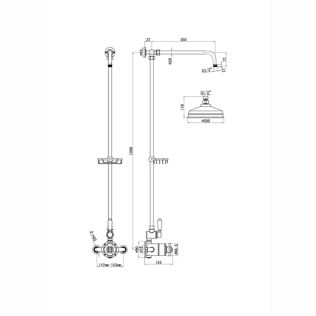 Downton Exposed Traditional Thermostatic Shower Set Single Outlet Incl. Twin Shower Valve, Rigid Riser Rail, 200mm Shower Head & Caddy - Antique Brass