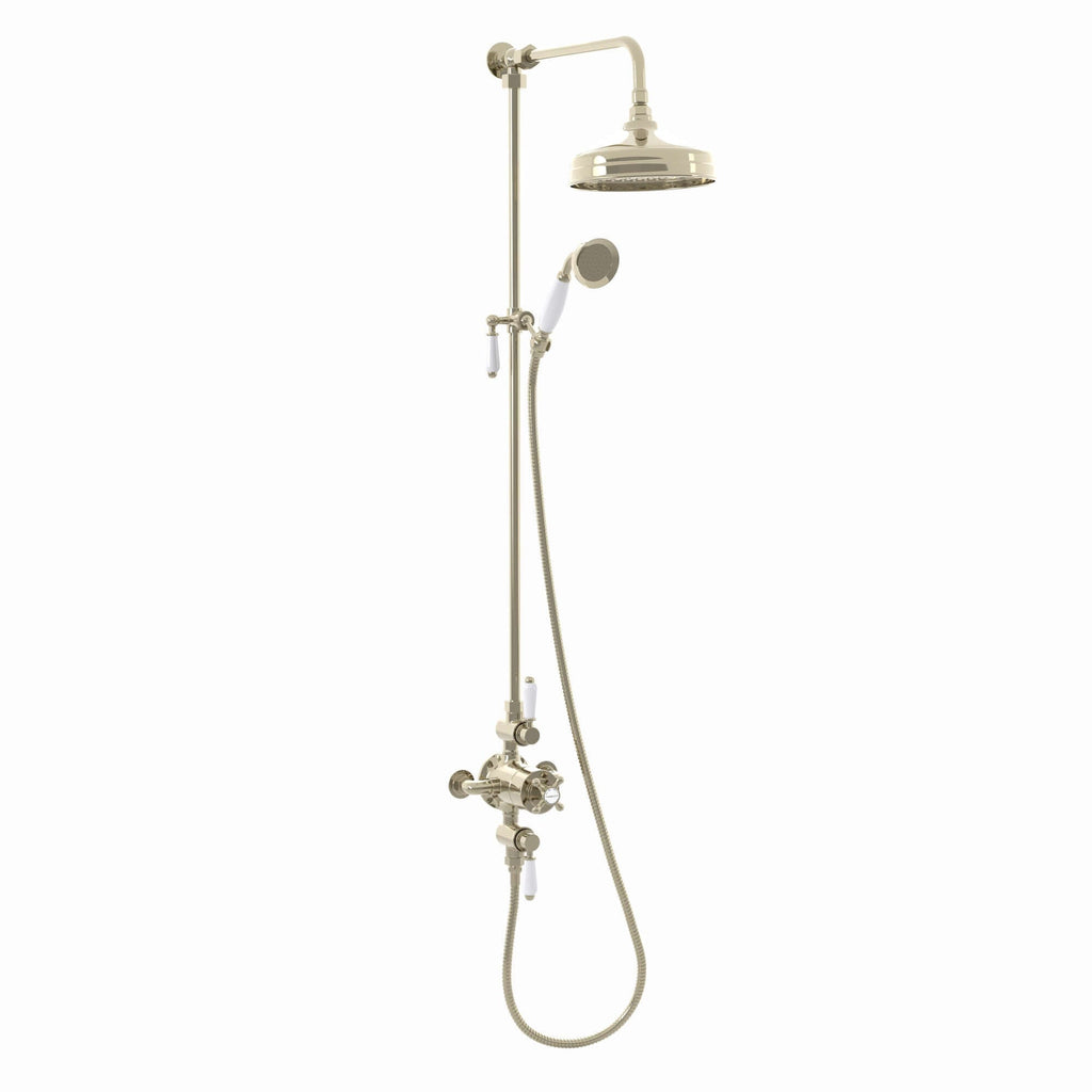 Downton Exposed Traditional Thermostatic Shower Set 2 Outlet, Incl. Triple Shower Valve, Rigid Riser Rail, 200mm Shower Head & Ceramic Handset - Gold