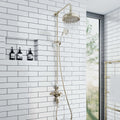 Downton Exposed Traditional Thermostatic Shower Set 2 Outlet, Incl. Triple Shower Valve, Rigid Riser Rail, 200mm Shower Head & Ceramic Handset - Gold